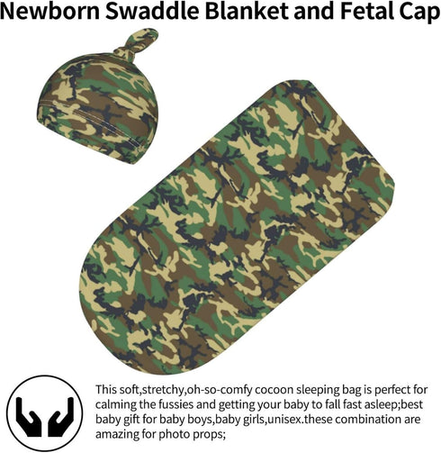 Broiteid Set Camo Green Newborn Swaddle Blanket Baby Stuff Baby Swaddling Blanket with Beanie Soft for Unisex Girls