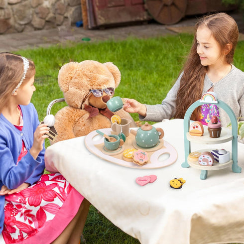 Set 28 Set Playset 2 3 4 5 6 Atoylink Wooden Tea Party for Little Girls Pcs Toddler Tea with Cupcake Stand & Food