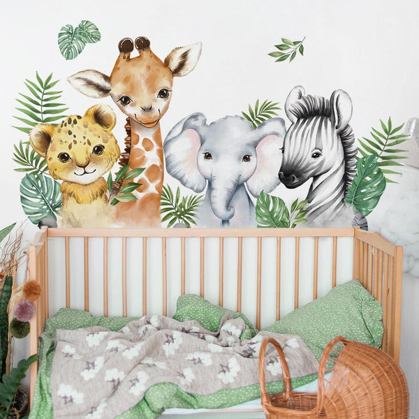 52.51x23.62 Inch Watercolor Jungle Animal Wall Decals Safari Forest Animal Wall Sticker
