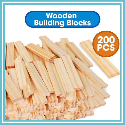 Set 200-Piece Wooden Building Blocks - Plank Block Construction Toys, STEM Educational Wood Toy for Kids and Toddlers