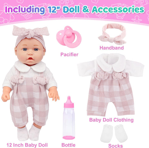 12" Playset 6 12 Inch Ecore Fun Baby Doll and Clothes Accessories - Pcs Doll with Pink Romper Outfit, Headband, Socks