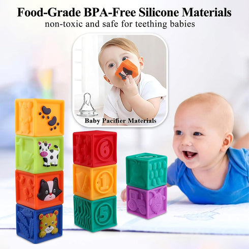 Kingtree Baby Blocks, 9PCS Soft Squeeze Building Blocks Stacking Toys for 6+ Months Babies, Educational Set