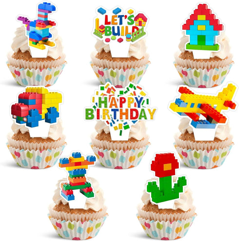 CoquetteBow012 24-Piece Building Block Brick Themed Birthday Party Cupcake Toppers Decorations for Party