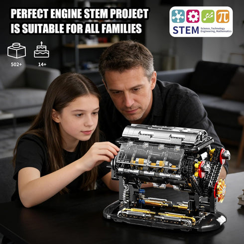 V8 Sets, V8 14+ (502 Engine Building Blocks Mini Engine Model Kit That Runs with Manual Joystick, Compatible with Lego