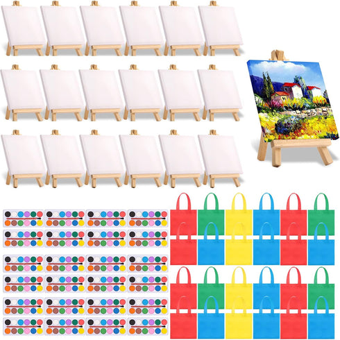 Teling 24 Packs Mini Canvas with Easel Paint Set Kids Painting Kit
