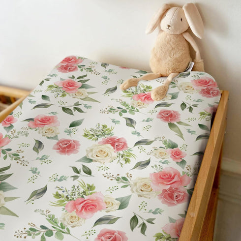 ZoUbqchY Summer 32''16'' Bloom Rose Green Leaves Changing Pad Coves for Baby Girl Boy Boho Floral Fitted Change Table