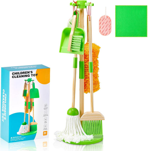 WHOHOLL Wooden Kids Cleaning Set Toddler Broom Set for Housekeeping 8 Pcs