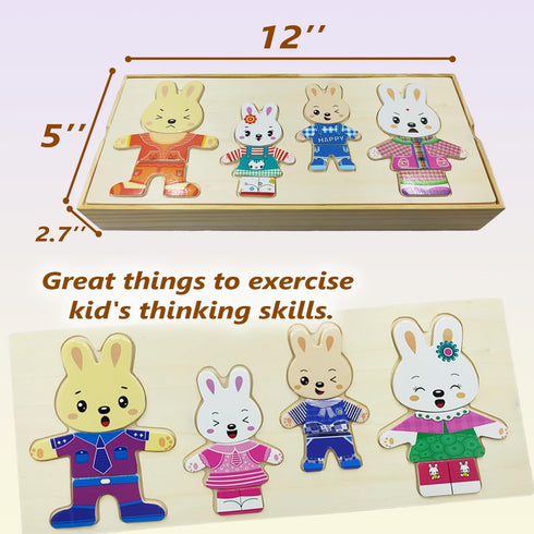 Wooden Bunny Family Dress-up Puzzle Box for Toddlers (72pcs) - Change Clothes Puzzle Games for Kids Ages 3+