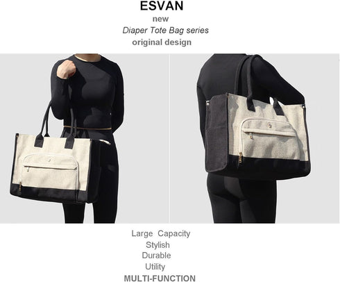 ESVAN 2 Travel Diaper Tote Bag, with Insulated Pouches Utility Tote Travel Diaper Bag for Parenting & Work Nurse