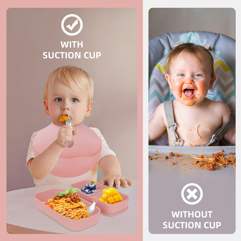 Set 316 6-Piece Travel Silicone Baby Feeding with Stainless Steel Spoon & Fork ,Silicone Suction Plates, Foldable Bib
