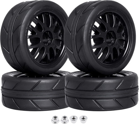 Pre-Glued OD 2.56" 12mm Hex Wheels Rims & Rubber Tires - 26mm for 1/10 Scale On Road Racing Car, Set of 4