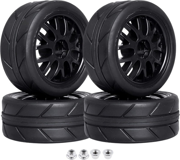 Pre-Glued OD 2.56" 12mm Hex Wheels Rims & Rubber Tires - 26mm for 1/10 Scale On Road Racing Car, Set of 4