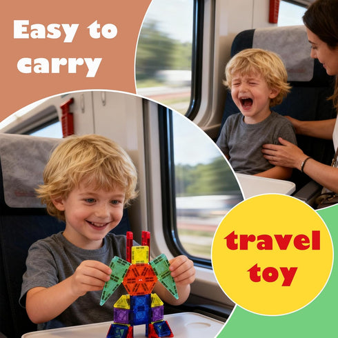 FEWOVUZ 26PCS Set 3+, Mini Magnetic Tiles Building Blocks with Portable Iron Case, STEM Travel Toys for Kids Ages
