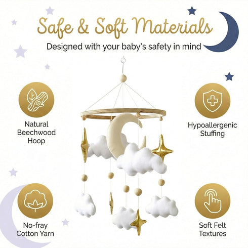 Baby Mobile for Crib - Handmade Modern Boho Baby Mobiles for Bassinet Felt Nursery Mobile Gender Neutral - Gold Moon