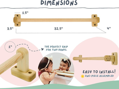 MonSensory 32.5 in. Long Montessori Pull Up Bar for Babies | Excercise Guide, Hand-Made, Assembled, Quality Wooden Toy