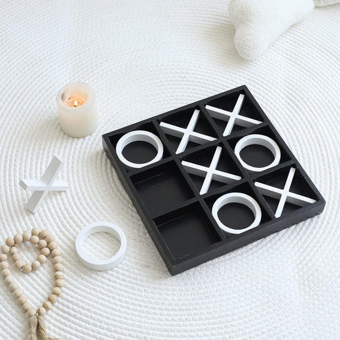 FUIN Wood Tic Tac Toe Decorative Board Game Set, 12" x 12", Black and White Coffee Table Decor