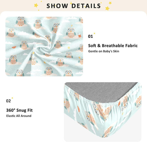 miaozhen 1 Pack 52x28 Cotton Crib Sheets for Baby Boys Girls Soft Breathable Cute Cartoon Beach Owl Aqua Toddler Bed