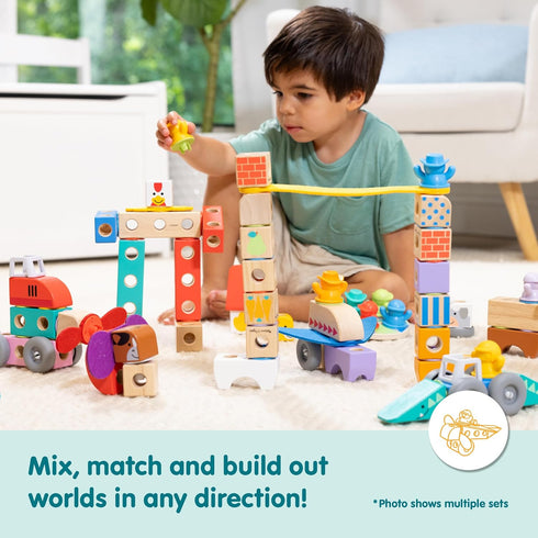 Set (54 Melissa & Doug Blockables Vehicles Snap and Play, Mix and Match Connectable Wooden Building Blocks Play Toy