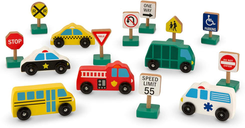 Melissa & Doug 6 Cars and 9 Traffic Signs Wooden Vehicles Set