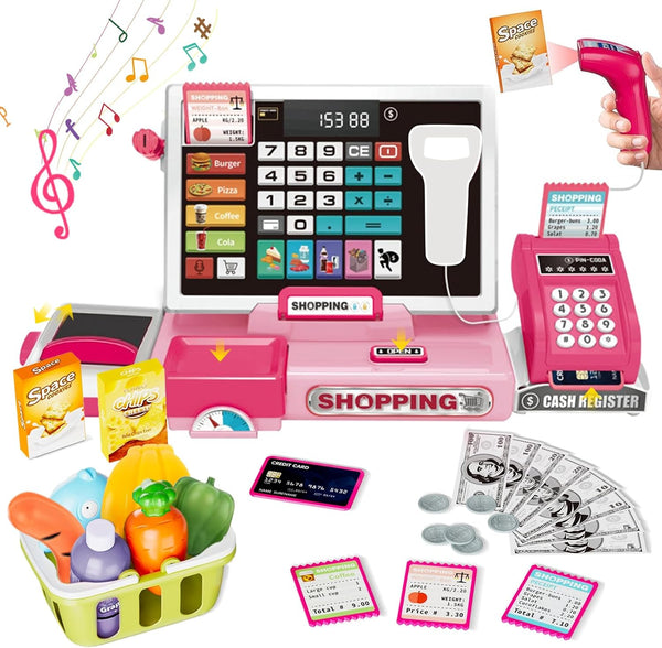 VOPOGLNE Cash Register Playset Toy for Kids, Real Calculator Register, Pretend Play