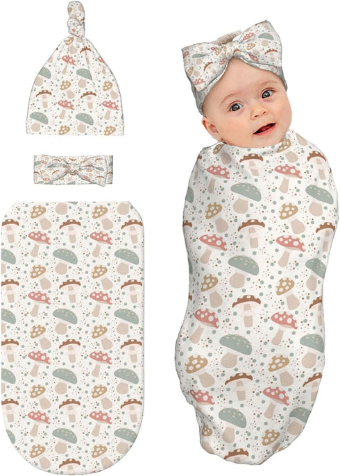 Broiteid Mushroom Cartoon Baby Stuff Newborn Swaddle Blanket with Beanie Hat and Headband