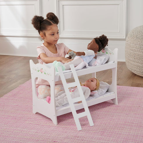 Badger Basket Toy Doll Bunk Bed with White Bedding & Ladder for 20 Inch Dolls - White Rose