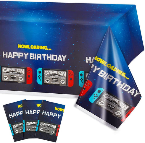 PHOGARY 3 Pack Video Game Tablecloth - Blue Disposable Plastic Rectangle Tablecloths for Kids Gamer Party Supplies