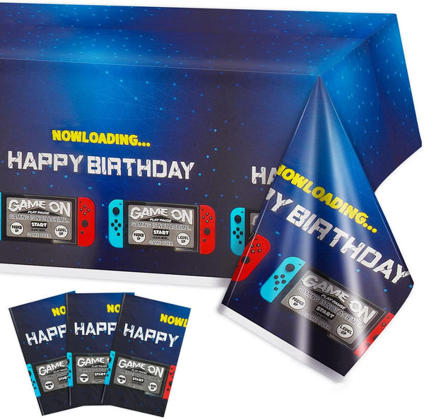 PHOGARY 3 Pack Video Game Tablecloth - Blue Disposable Plastic Rectangle Tablecloths for Kids Gamer Party Supplies