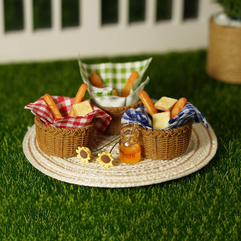 Miniature Food Dollhouse Accessories 9PCS Decor with 1:12 Scale Bread, Honey Basket, Picnic Cloth, and Flowers