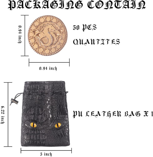 50 PCS Metal DnD Coins with PU Leather Bag, Fantasy Game Tokens for Tabletop RPGs, Black Dragon Bag