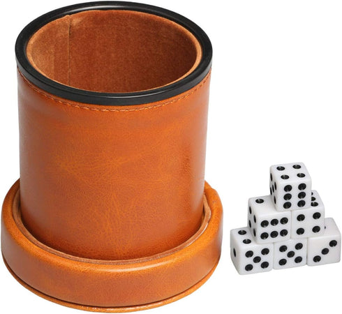 Leatherette Dice Cup with Lid, includes 6 Dices, Velvet Interior for Liars Dice Farkle Yahtzee Games, Brown