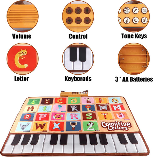 26 1 2 3 Bluejay Baby Piano Mat, Musical Keyboard Learning Toys with Letters, Electronic Music Animal Touch Play Mat