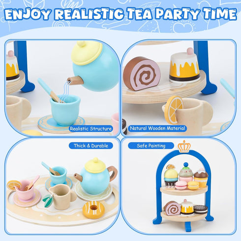 Sets 3-5, Set 3 4 5 6 Wooden Tea for Toddlers Princess Tea Party for Little Girls with Cupcake Stand and Food