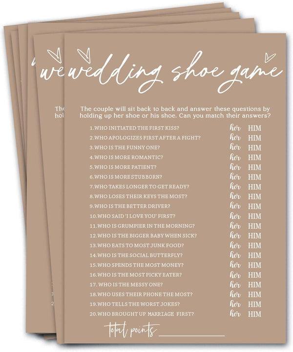 Bridal Shower Games Cards, Wedding Shoe Game, 25 Guests Engagement Party Games for Minimalist Brown Wedding Supplies