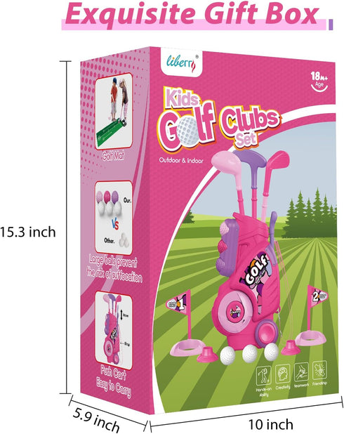 Liberry Toddler Golf Set with Upgraded Kids Golf Cart, Putting Mat for Boys Girls Ages 2-5, Indoor Outdoor Toys (Pink)