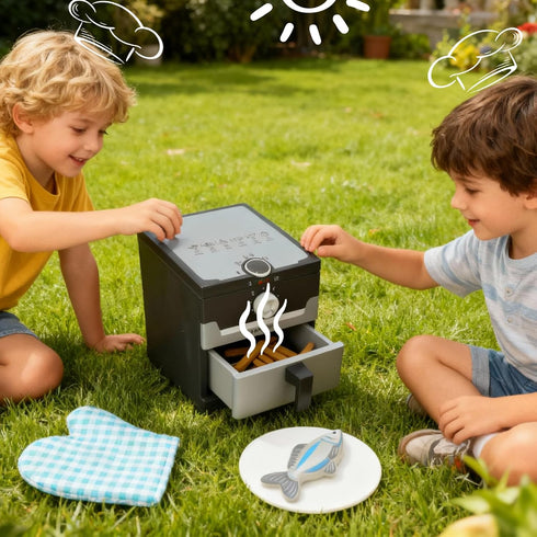 Joyano 15-PCs Fryer/18-PCs Playset Wooden Air Pressure Cooker for Kids Pretend Cooking Toy with Food Accessories