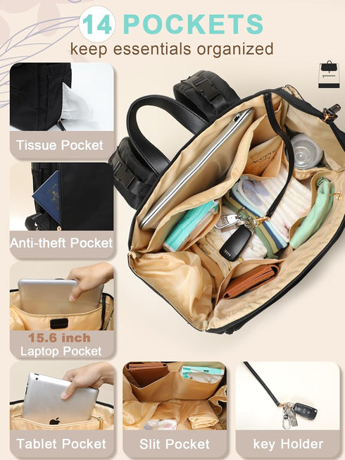 Backpack 14 Backpack MOMINSIDE Diaper Bag - Large Baby Diaper Bag with Pocket, Leather & Nylon Travel Diaper for Mom