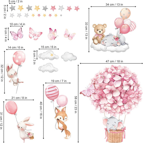 decalmile Animals Hot Air Balloon Wall Decals Flowers Balloons Elephant Bear Wall Stickers Baby Nursery Girls Bedroom