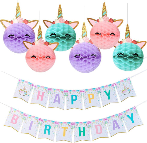 Happy Birthday Banner with Honeycomb Balls for Girls Party Decoration Supplies - Golden Glitter Design