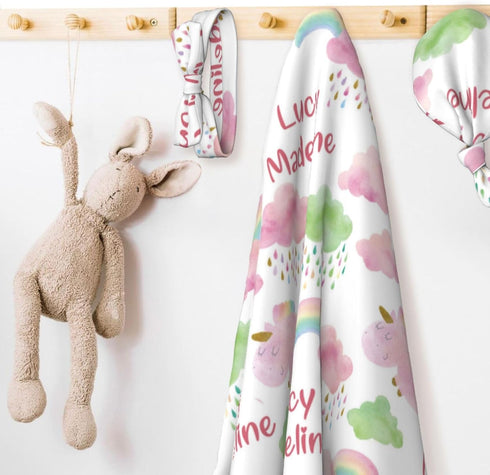 FwSYouMAI Set Personalized Baby Swaddle Blanket Girl Boy Custom Swaddle with Hat Bow with Name, Customized Newborn