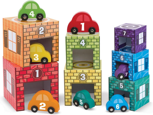 Melissa & Doug Nesting and Sorting Garages and Cars, 7 Graduated Garages and 7 Stackable Wooden Cars