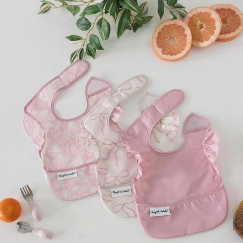 Boys(3 Pack,Toile,Bows) Tiny Twinkle Mess-Proof Baby Bibs for Eating | Waterproof, Wipeable Toddler Bibs with Catch-All
