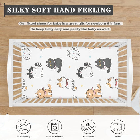 Winpema 28"x52" Cat Flower Fitted Crib Sheet Cartoon Cats Baby Crib Sheet Fit Standard Crib and Toddler Mattress,Crib