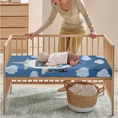 Set 2 Cozy Cartoon Plane Crib Mattress Protector and Baby Changing Table Cover of Soft Crib Cover Premium Polyester