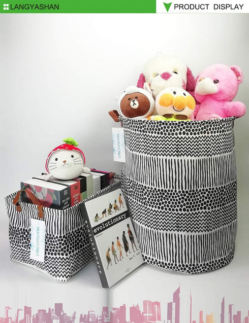 LANGYASHAN Rectangular Canvas Fabric Storage Bin with Handles for Organizing Home Kitchen Toys - Black Line