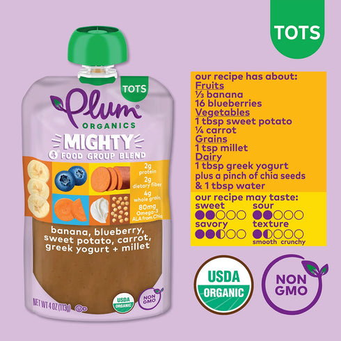 Plum Organics Mighty 4 Organic Toddler Food - 4 oz Pouch (Pack of 4) - Banana, Blueberry, Sweet Potato, Carrot, Greek