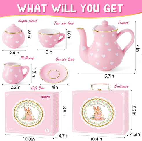 Set 3-8, Set TUZT Tea Party for Little Girls Ages Pink Heart Porcelain Tea with Gold Trim Edges, Princess Tea Time Toy