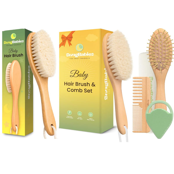 Baby Hair Brush & Comb Set for Newborns - Gentle Goat-Hair &