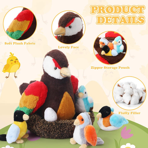 7 Pcs Birds Toys Plush Stuffed Animal Bird Set, Cute Birds, Egg, Nest Toy Gifts for Kids, Creative Play Birthday Favors