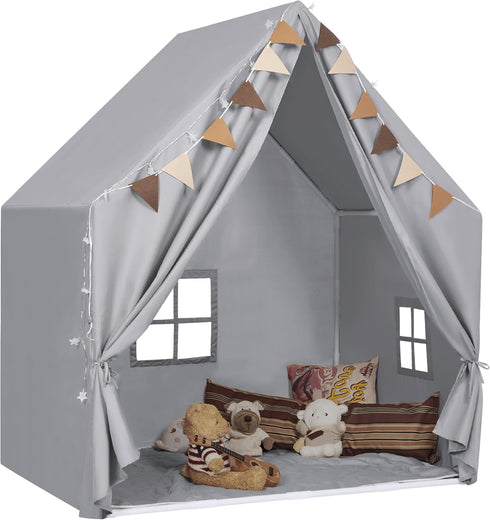 Kids Play Tent with Padded Mat & Star LED Lights for Ages 4-10, Large Indoor Play Room House Tent for Toddler Children